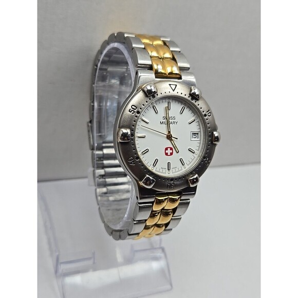 Swiss Military Quartz Watch Date New Battery 38mm Gold Silver Two Tone 5ATM WR - Picture 5 of 11